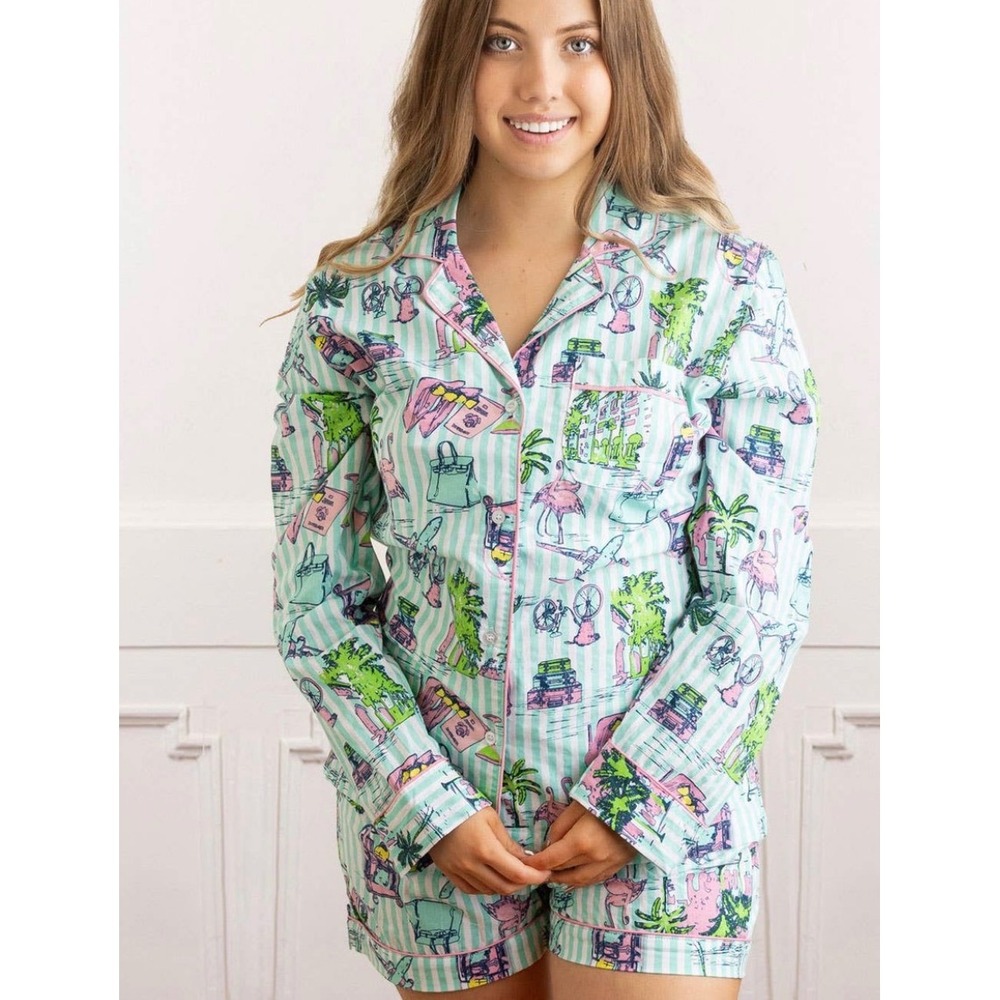 8 Oak Lane Cotton Pajama Set M Travel  Toile Print Button Shirt / Shorts NEW!
